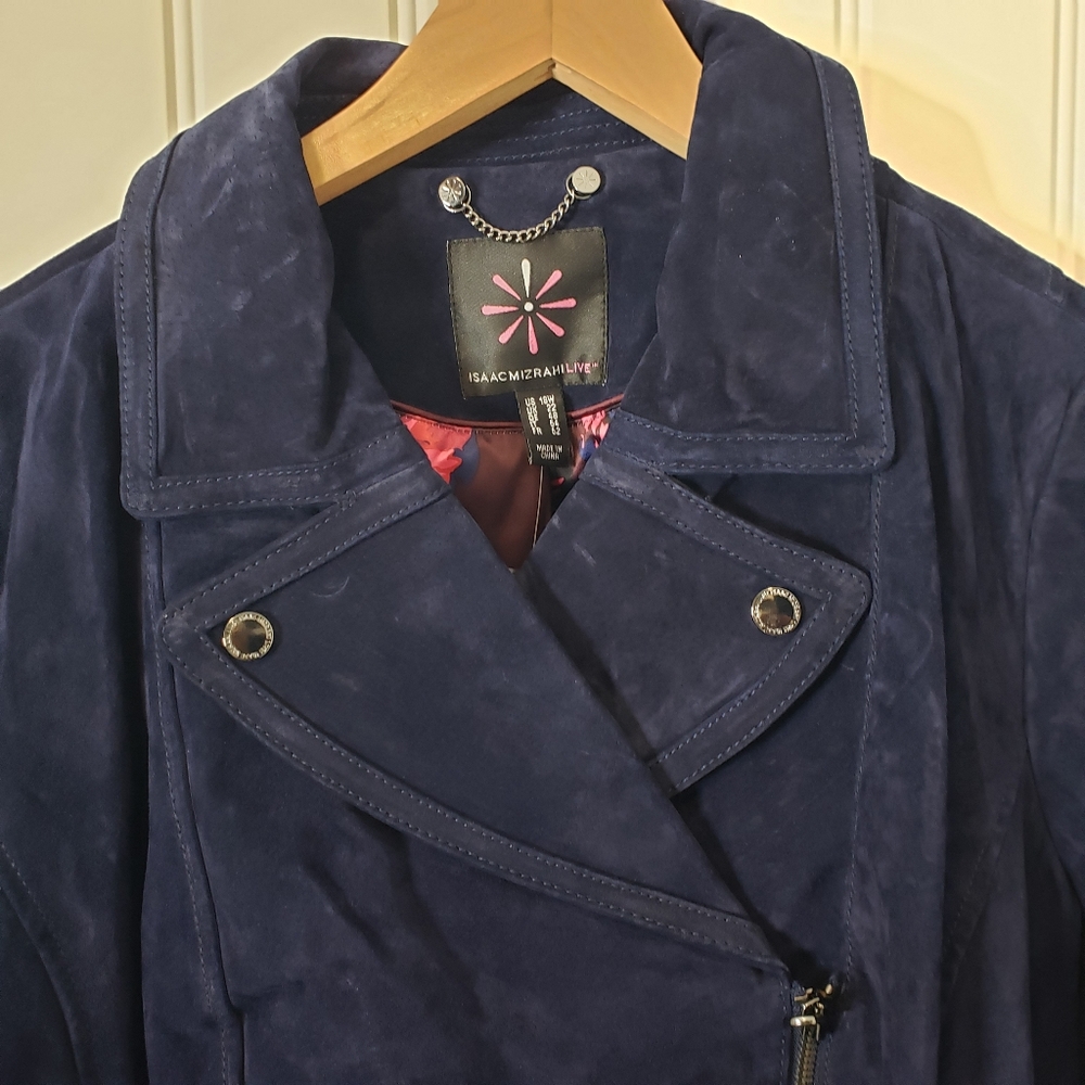 Isaac Mizrahi Live Suede Moto Motorcycle Jacket Printed Lining New Sz 18W Blue - Picture 3 of 11